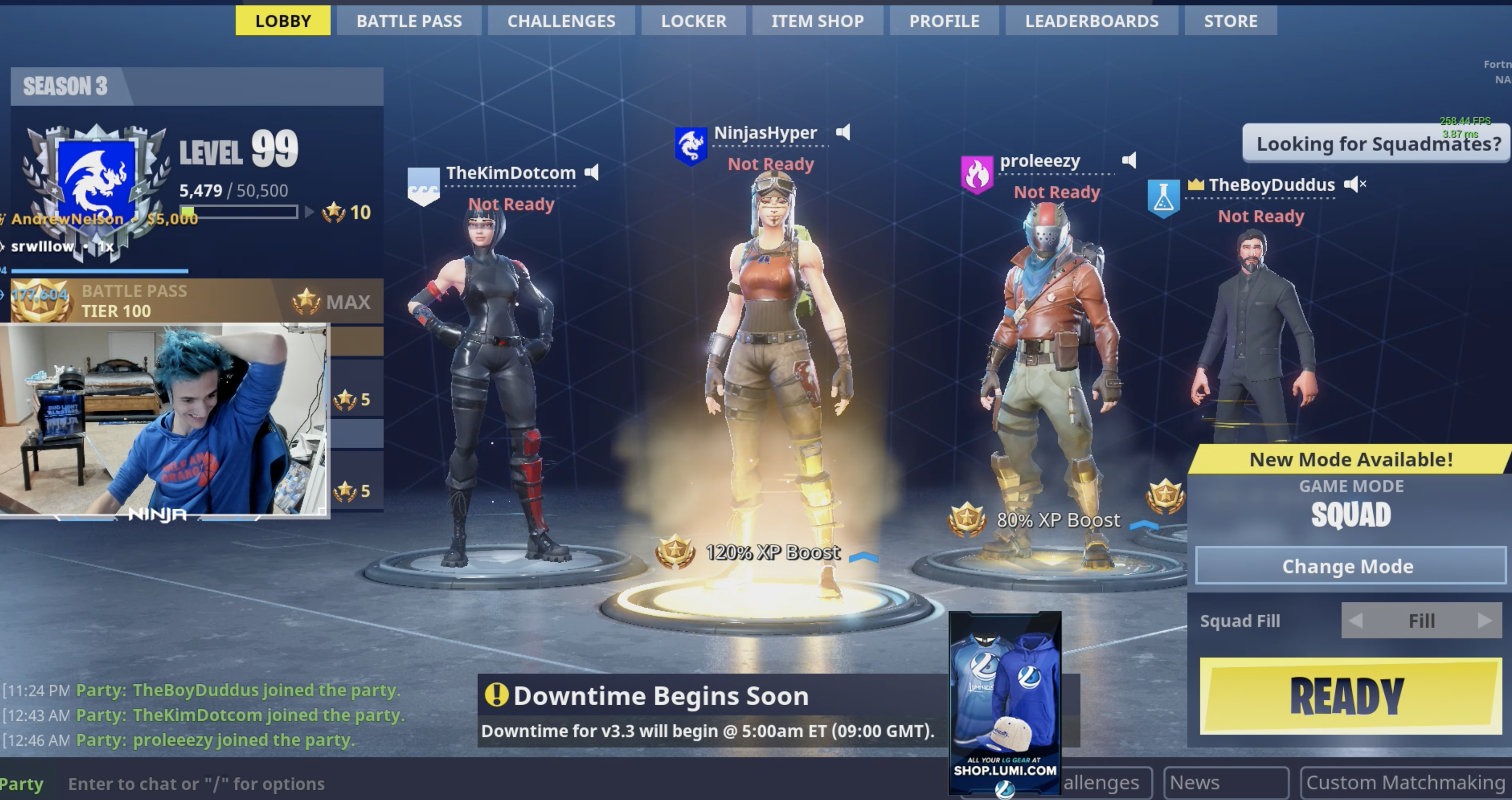 Schermata di lobby di Fortnite durante una partita dello streamer Ninja.