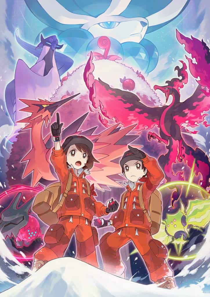 Due allenatori di Pokémon con dietro i 3 uccelli leggendari e Calirex