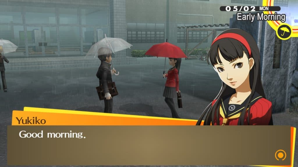 Yukiko parla con il protagonista mentre sono sotto la pioggia