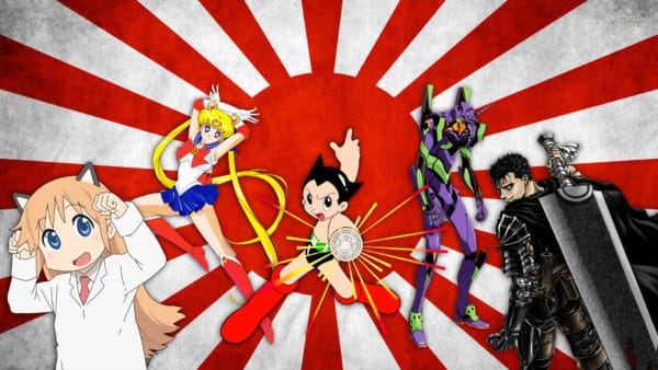 Alcuni personaggi importanti di anime e manga con sullo sfondo la bandiera giapponese