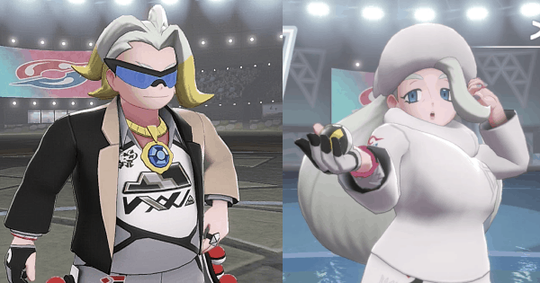 A sinistra Milo, il Capopalestra Roccia di Pokémon Spada. A destra Melania, la Capopalestra Ghiaccio di Pokémon Scudo.