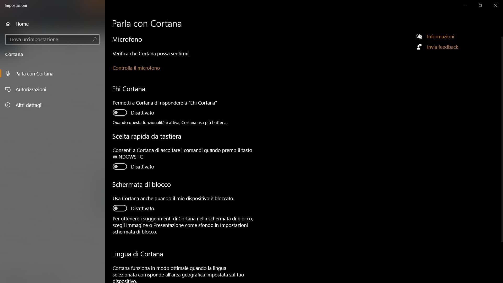 Pannello di controllo Cortana Windows 10