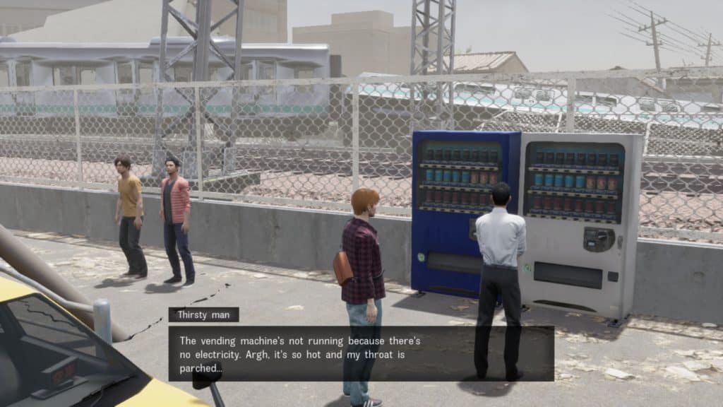 il protagonista di Disaster Report 4 parla con un uomo che, davanti a una stazione dei treni diroccati guarda una macchinetta per bevande