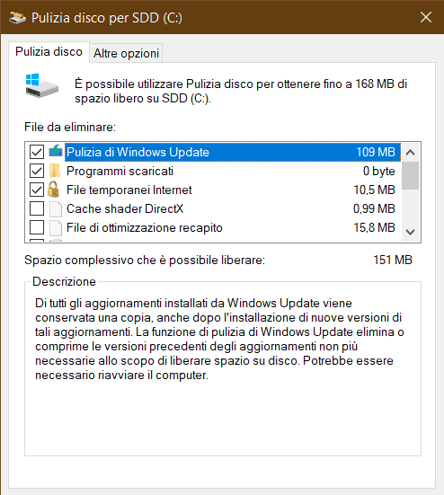 Schermata Pulizia disco di Windows 10 