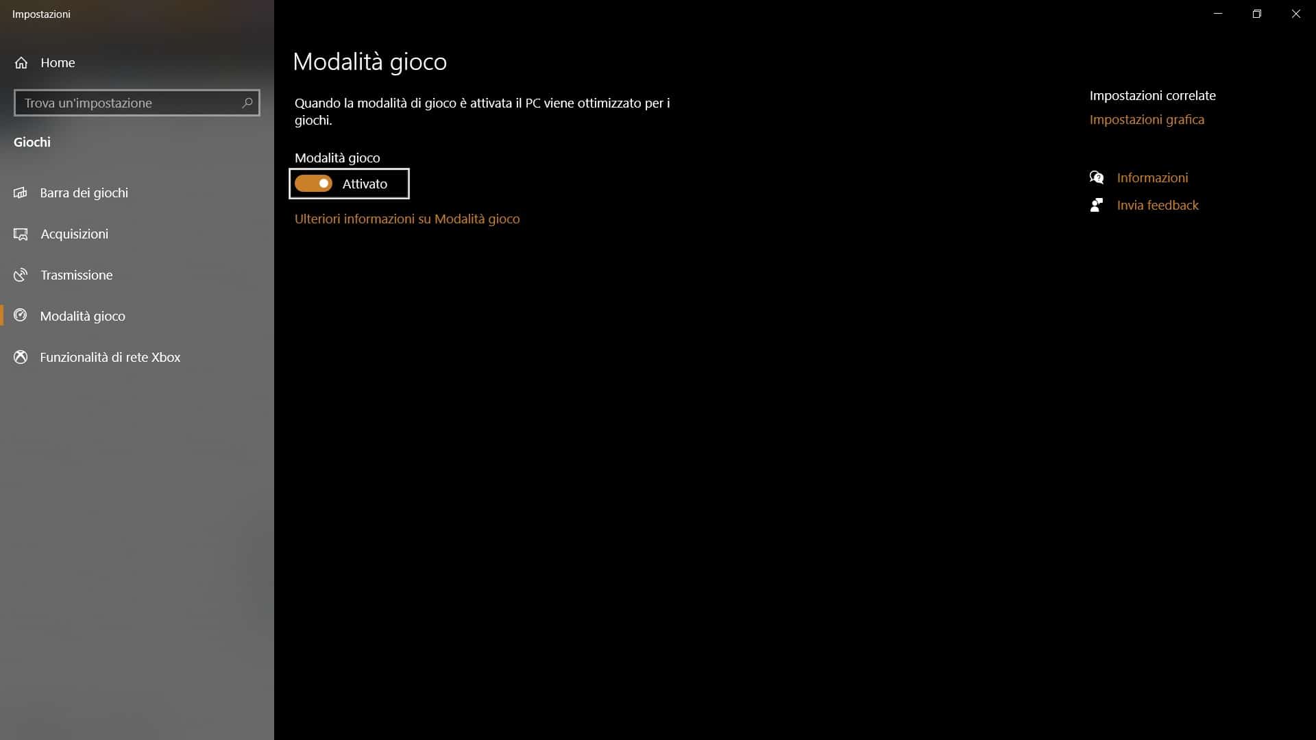 Schermata Modalità Gioco Windows 10
