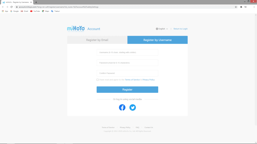 Schermata di registrazione sul sito di miHoYo
