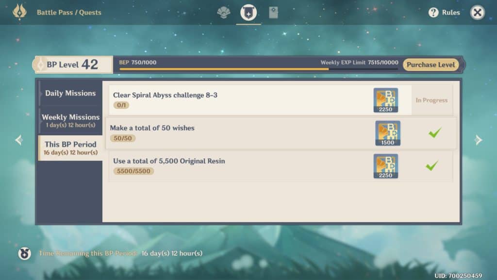 Schermata del Battle Pass Period che riporta gli obiettivi da completare