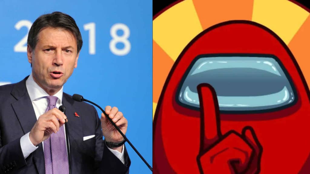 Un mezzobusto del pèremier giuseppe conte e uno dei personaggi di among Us messi uno di fianco all'altro