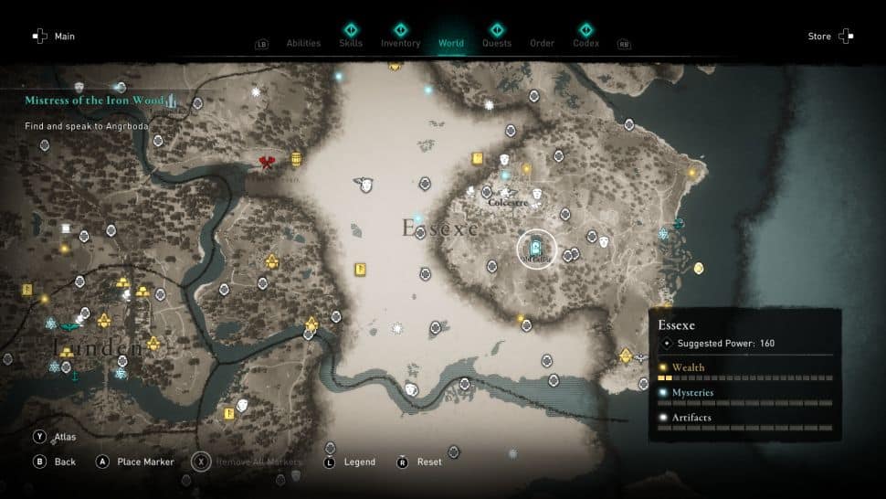 Una parte della mappa di Assassin's Creed Valhalla che mostra dove trovare i Tesori della Britannia
