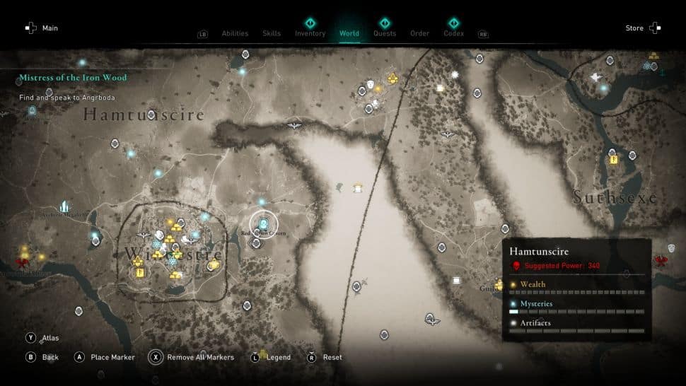 Una parte della mappa di Assassin's Creed Valhalla che mostra dove trovare i Tesori della Britannia