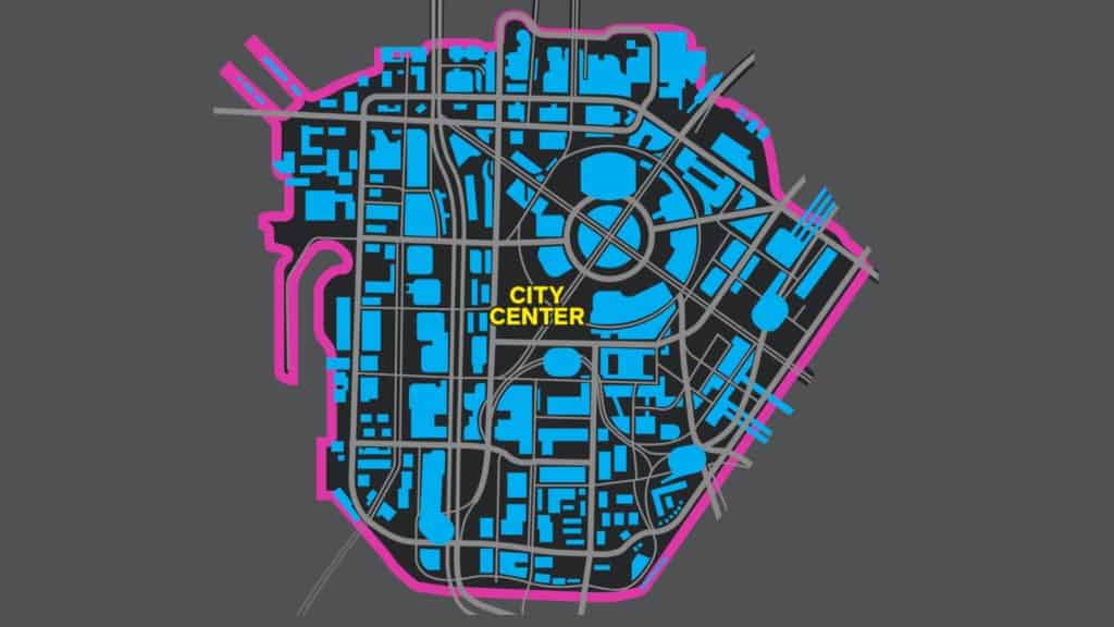 Mappa della zona City Center, quartieri Downtown e Corpo Plaza