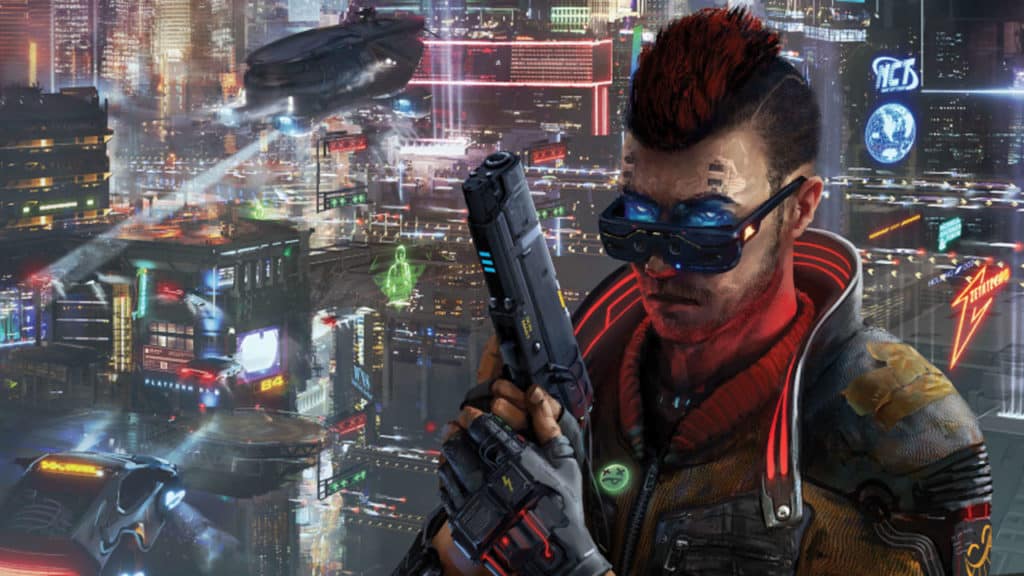 Cyberpunk Red tipo con cresta rossa su sfondo città futuristica