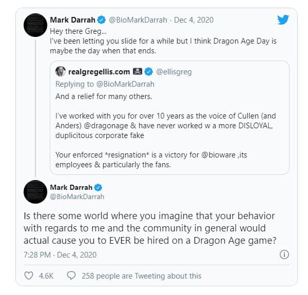 scambio di twitt tra Greg Ellis e Mark Darrah