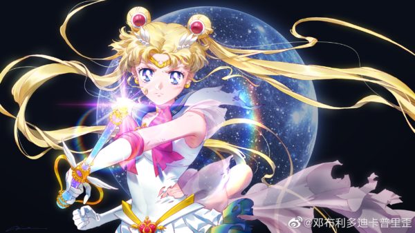 La protagonista di Sailor Moon Eternal in una posa di combattimento, con la Luna sullo sfondo