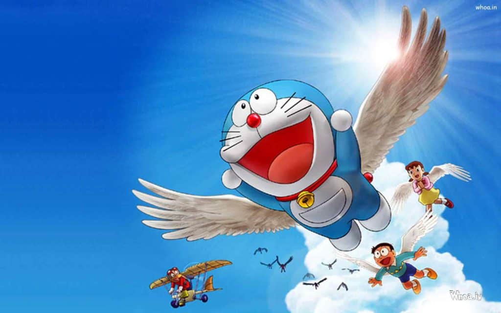 Doraemon vola con Shizuka e Nobita