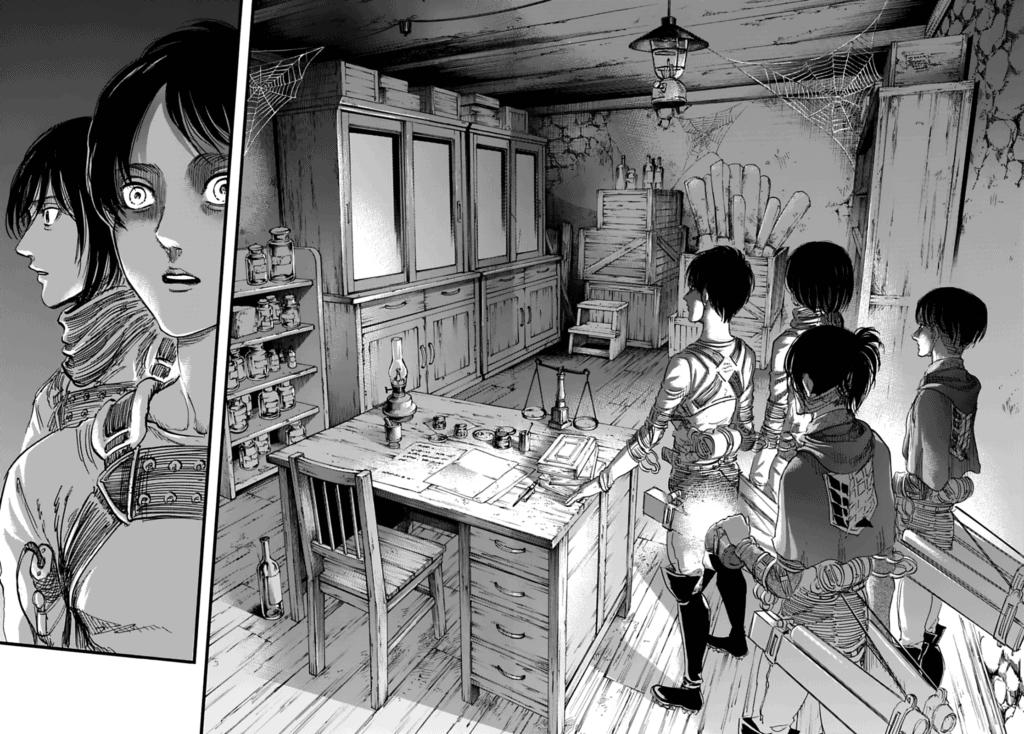 Eren, Mikasa Levi ed Hanjia entrano all'interno della cantina