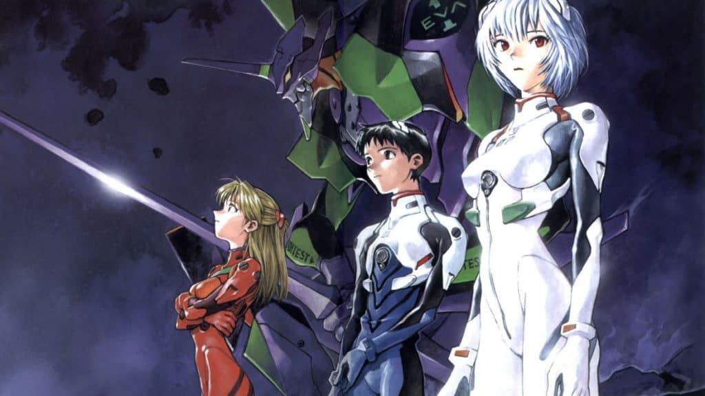 Asuka, Rei e Shinji con dietro l'Eva-02