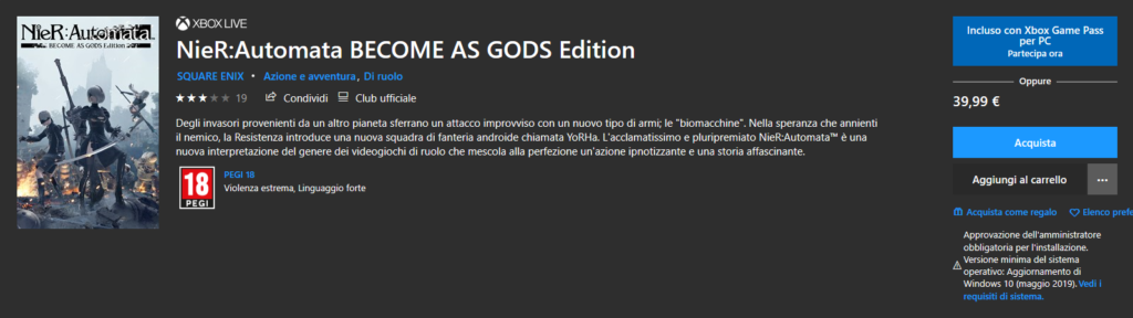 NieR:Automata BECOME AS GODS edition su Game Pass