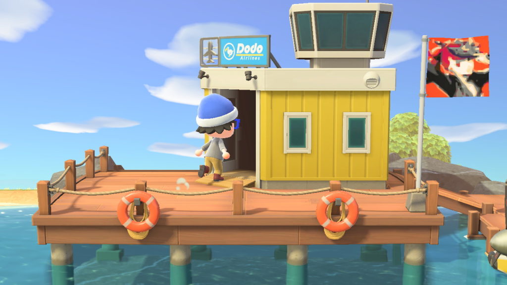 Un personaggio di Animal Crossing che entra nell'aereoporto