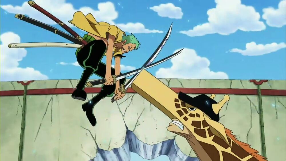 Zoro che attacca Kaku con le spade