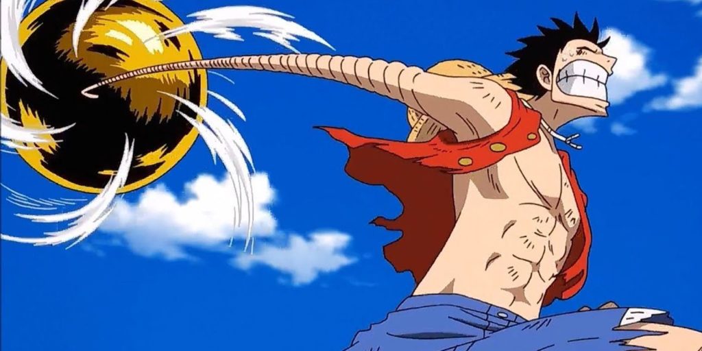 Luffy che sferra l'attacco finale a Eneru con la campana sul braccio