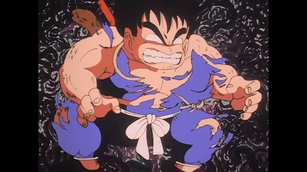 Goku comincia la metamorfosi in Oozaru dopo aver fissato la luna nella prigione di Pilaf