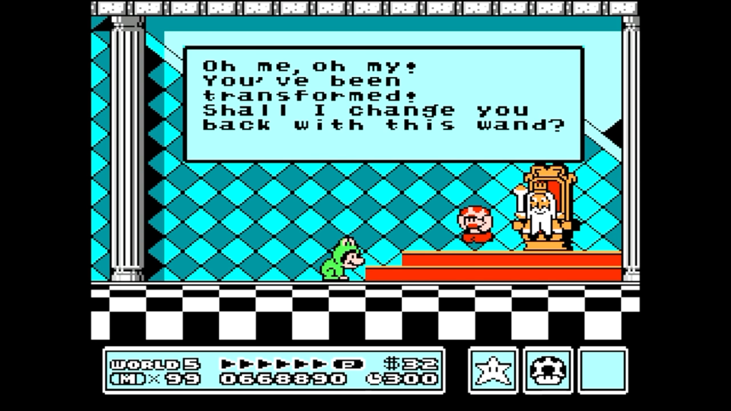 Dopo aver raccolto lo scettro magico, il Re chiede a Mario se vuole tornare nella sua forma originale