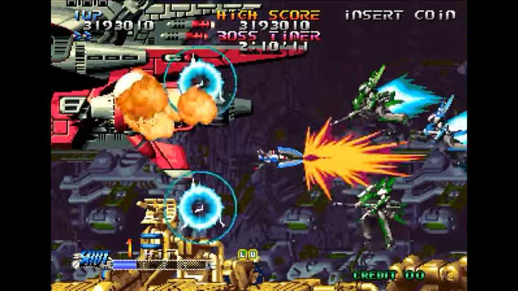 La navicella spaziale gira intorno al boss di fine livello distruggendo le parti meccaniche della nave nemica. Alcuni robot vengono in soccorso del nemico, ma vengono sconfitti dal giocatore