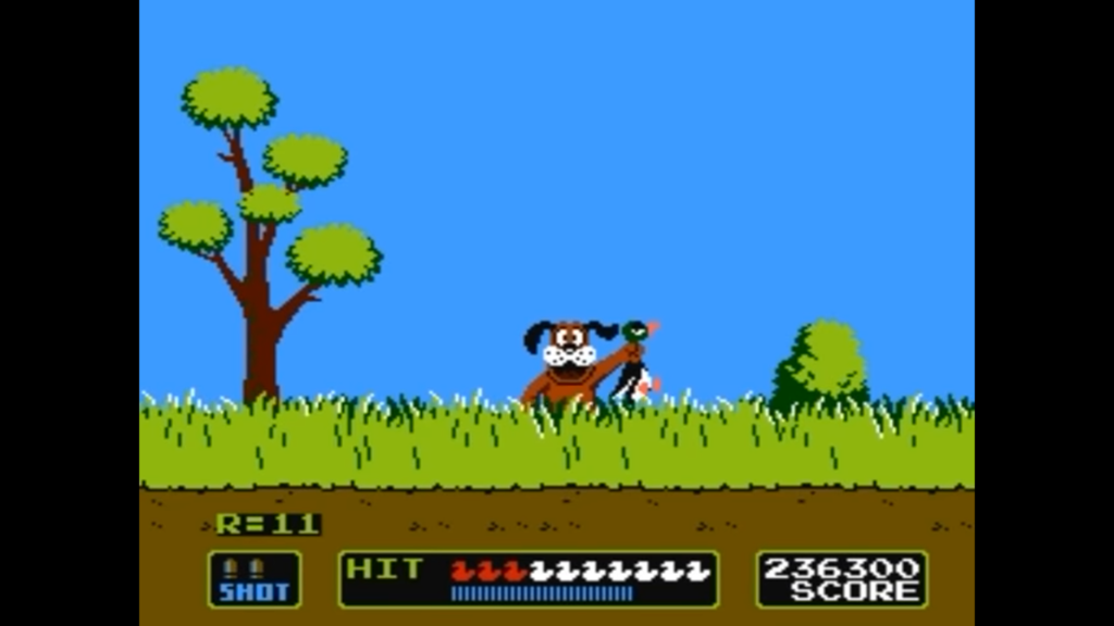 Il cane di Duck Hunt solleva un'anatra sconfitta dal giocatore