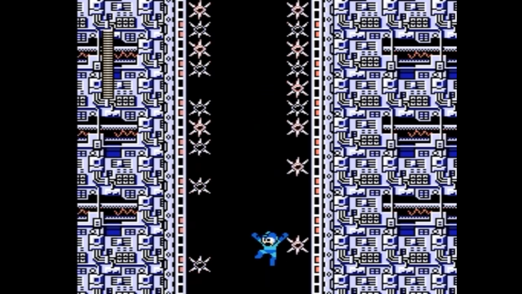 In una delle sequenze finali del gioco Megaman cade verso una nuova porzione di livello evitando le spine che rappresentano morte immediata se toccate