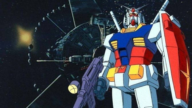 il Gundam, con dietro una colonia spaziale