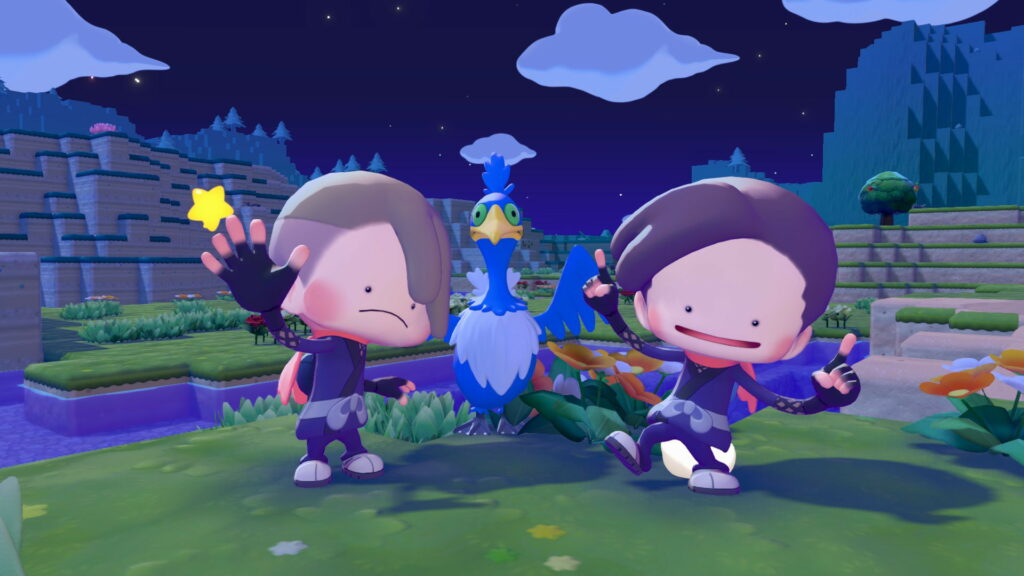 foto con due giocatori in posa con un Cramorant in Pokopia